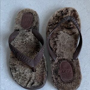 UGG Women's Dark Brown Faux-Fur Flip Flop Sandals